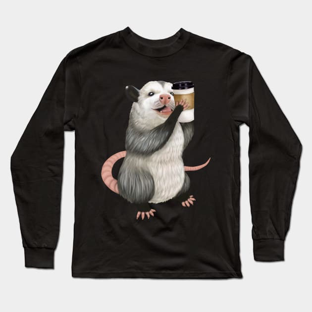 Opossum drinking a cup of coffee Long Sleeve T-Shirt by Mehu Art